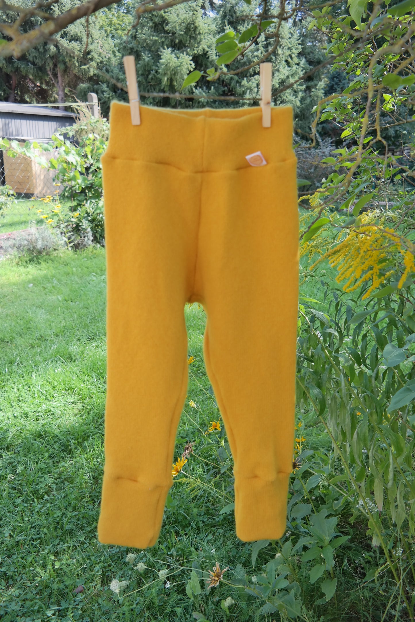 Upcycling wool walk outdoor trousers for toddlers size 98/104 in mustard yellow