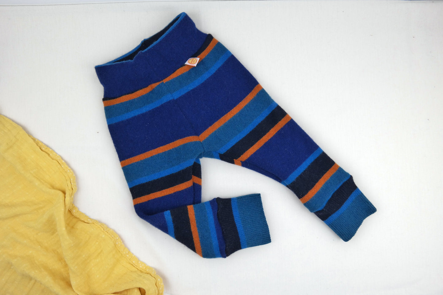 Wollwalk Outdoor-Hose für Kleinkinder 86/92 Upcycling 100% Wolle in Blau Orange gestreift - Jawoll Baby