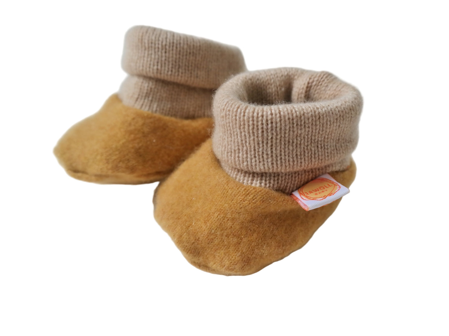 Warme Babyschuhe 0-3 M aus Upcycling Kaschmir in Senfgelb und Beige