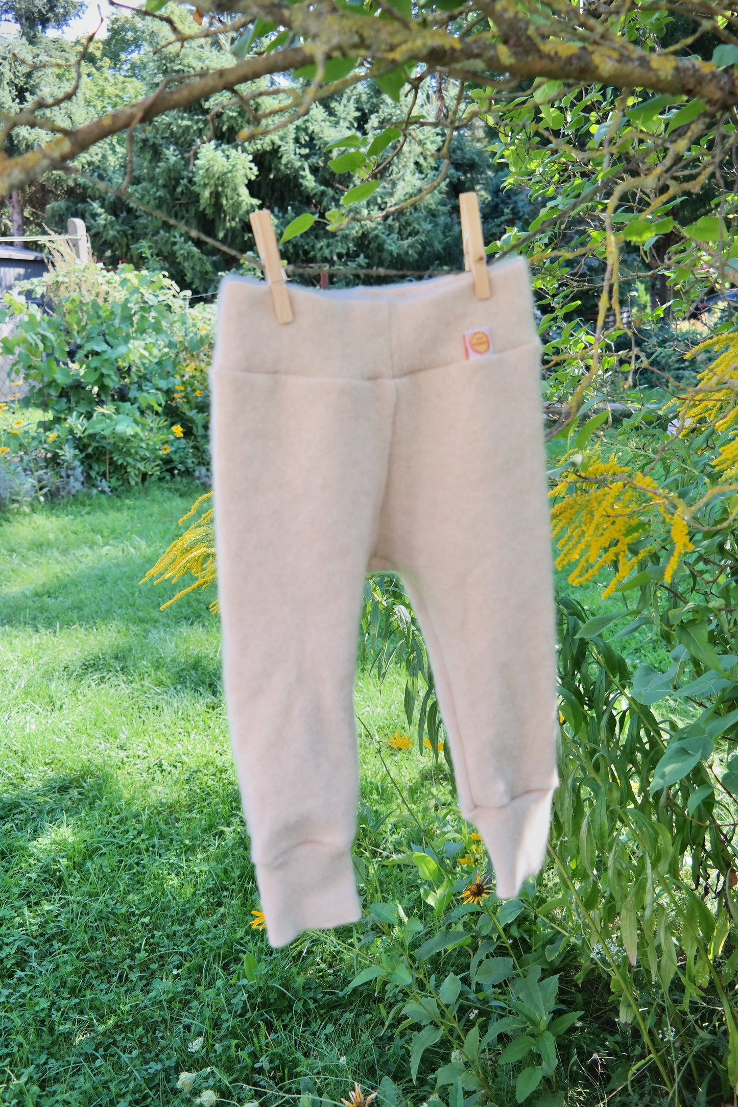 Wool felt outdoor trousers for babies 74/80 made from upcycled cashmere in vanilla pudding beige