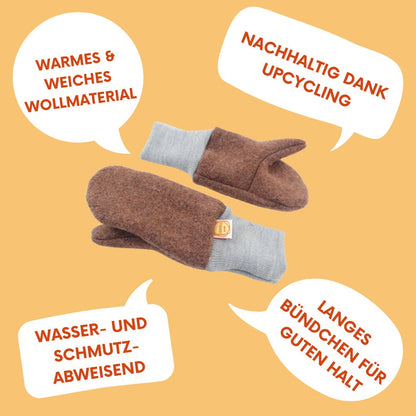 Handschuhe Fäustlinge für Kinder 3-5 J aus Upcycling & Wolle in Beige und Dunkelgrau