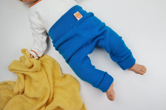 Mitwachs-Hose für Babys 50/56 aus 100% Upcycling Wolle in Azurblau