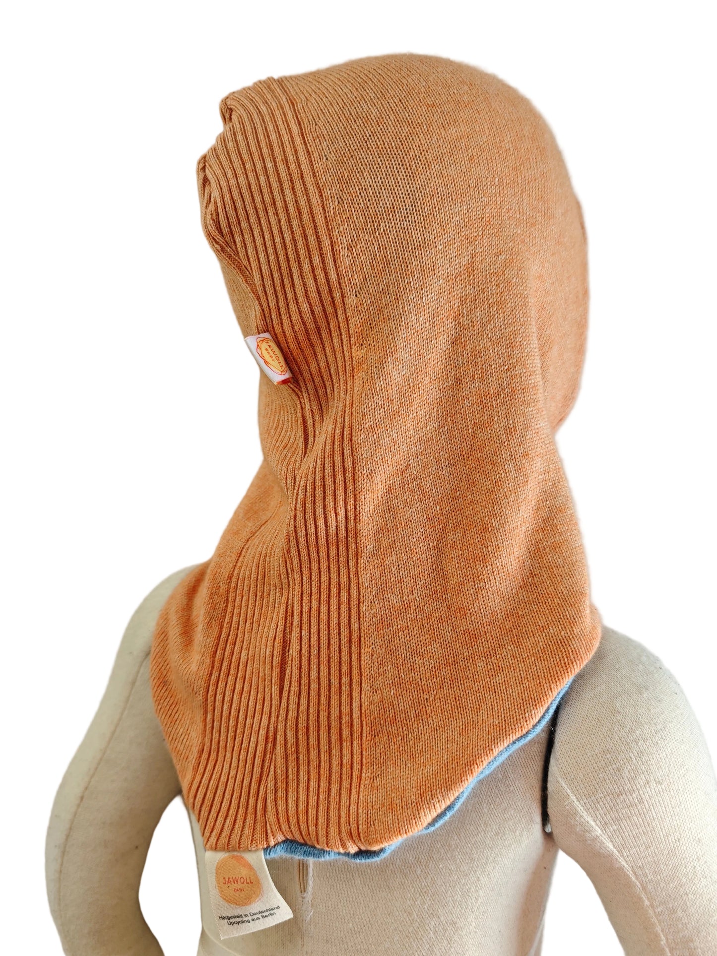 Wende-Schlupfmütze für Babys KU 43 - 48 aus Upcycling Seide & Kaschmir in Hellblau und Pfirsichorange